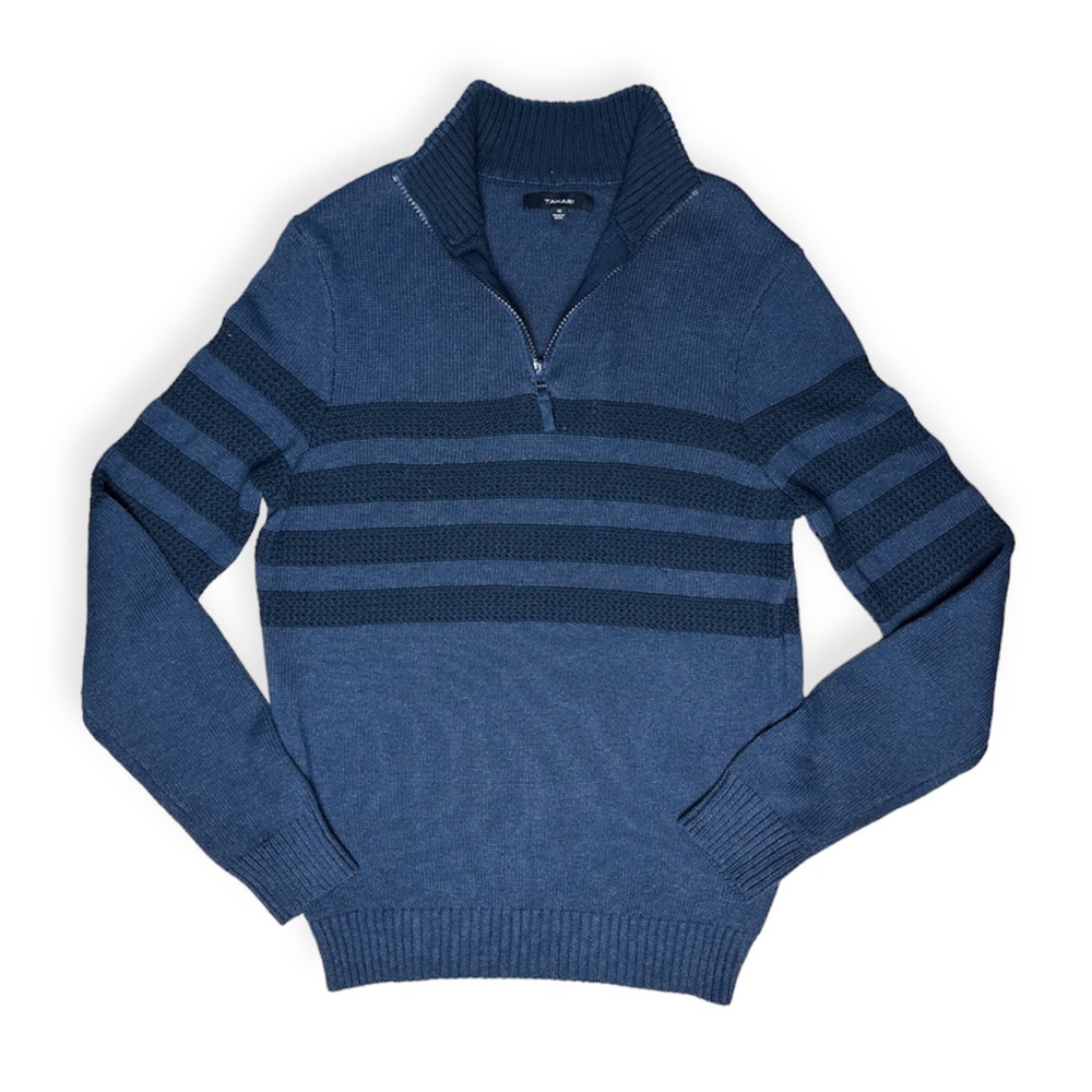 Tahari Navy Blue Quarter Zip Pull Over Sweater Knit Stripe Ribbed Men's Medium